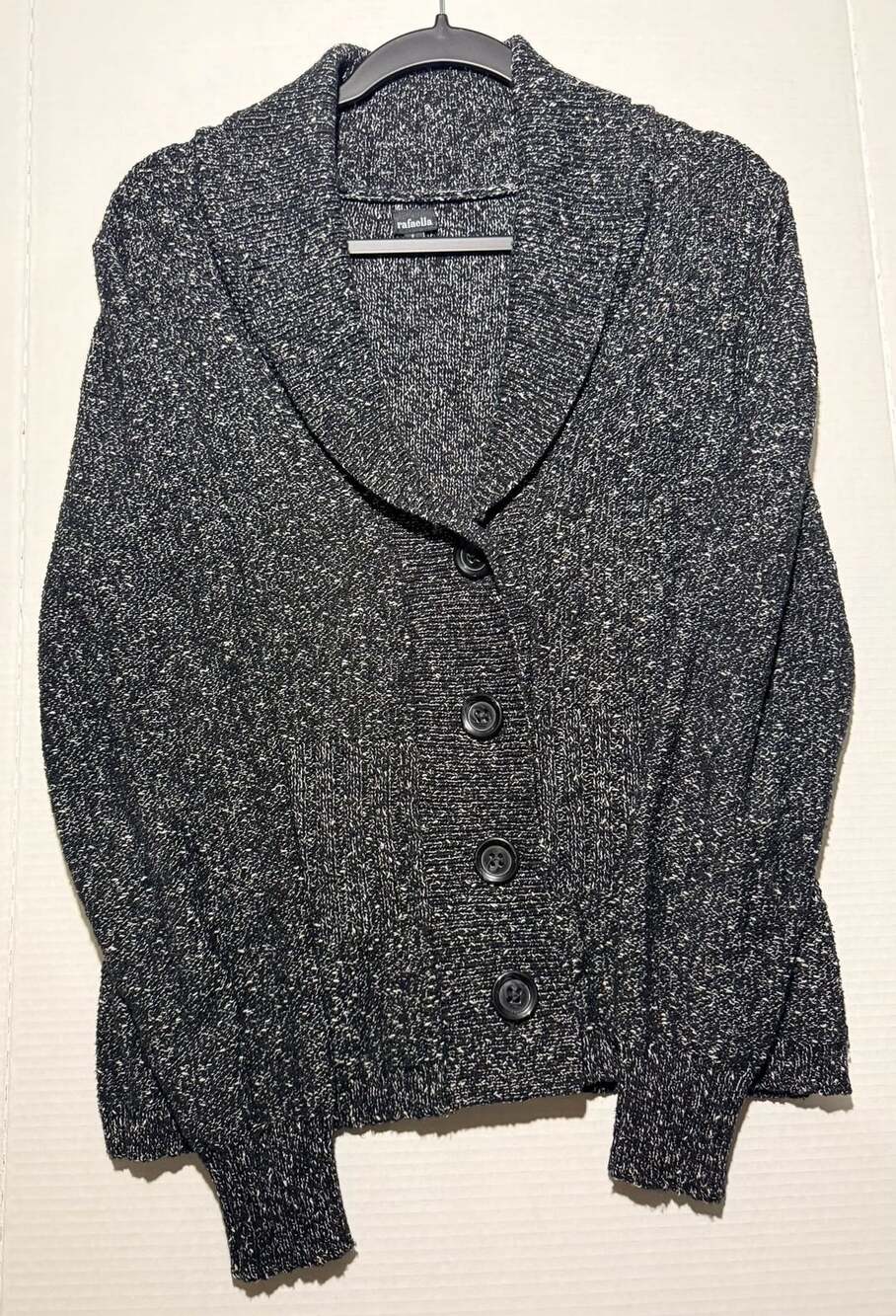 Rafaella Cardigan Sweater Size L Black White Marled Knit Shawl Collar